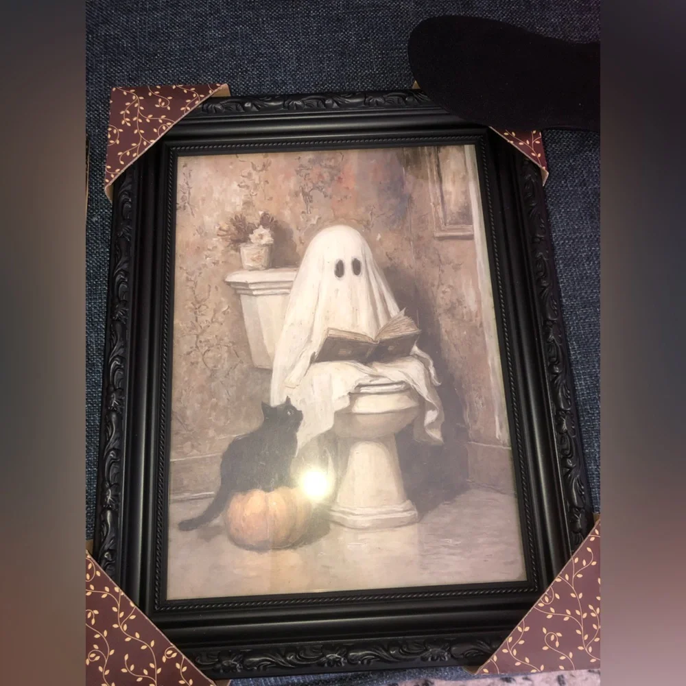 👻 Framed Halloween Ghost & Black Cat Print in Muted Neutrals